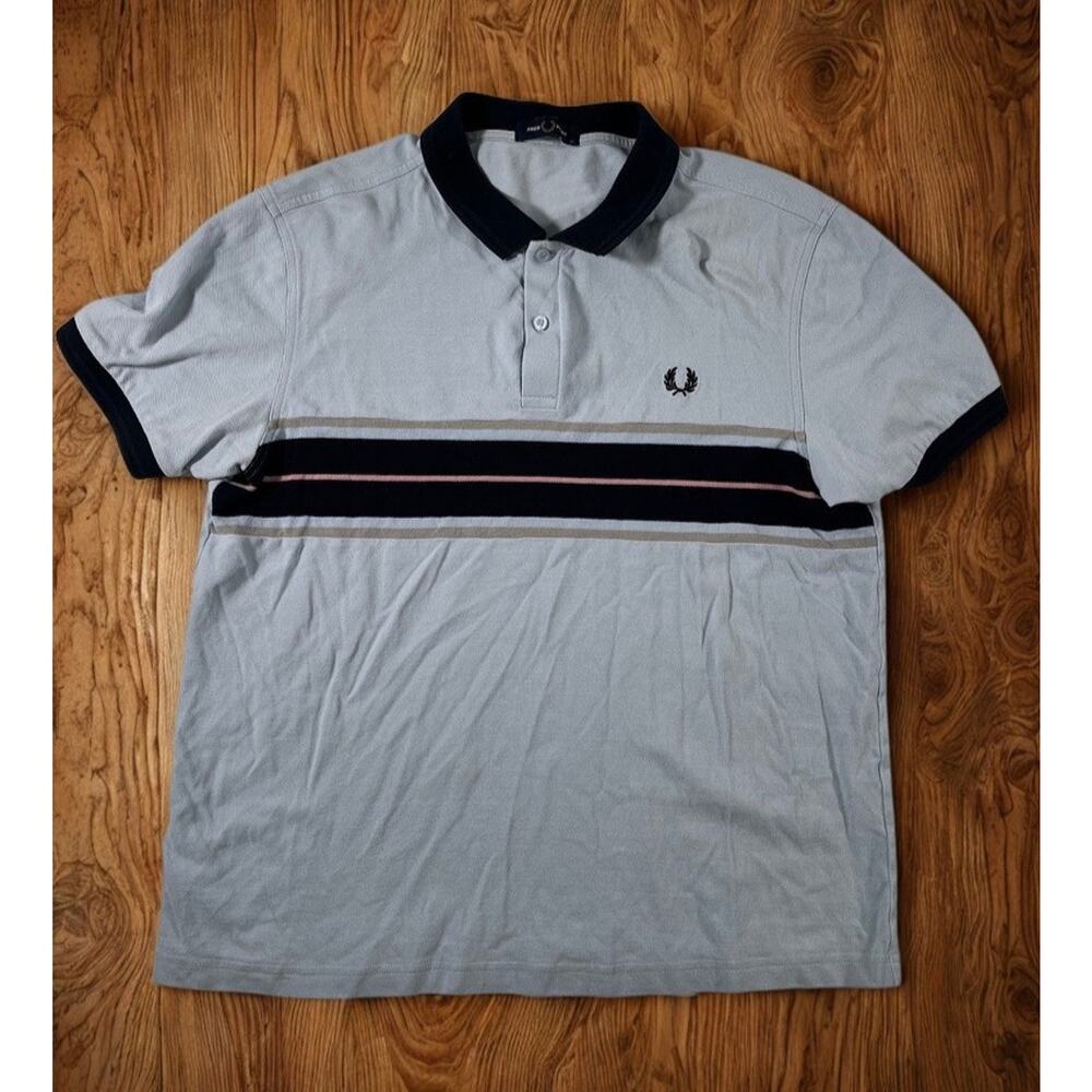 Fred Perry Polo Shirt Mens XL Blue Stripe Short Sleeve Collared Mod Casual
